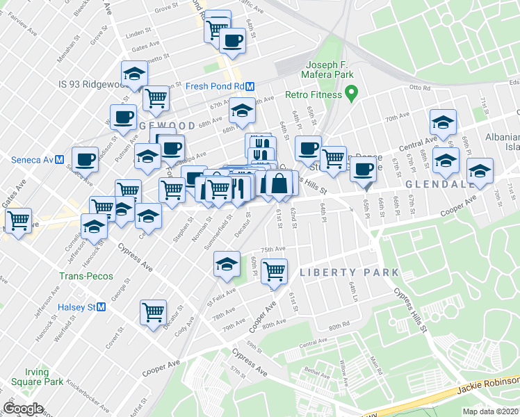 map of restaurants, bars, coffee shops, grocery stores, and more near 60-65 Myrtle Avenue in Queens