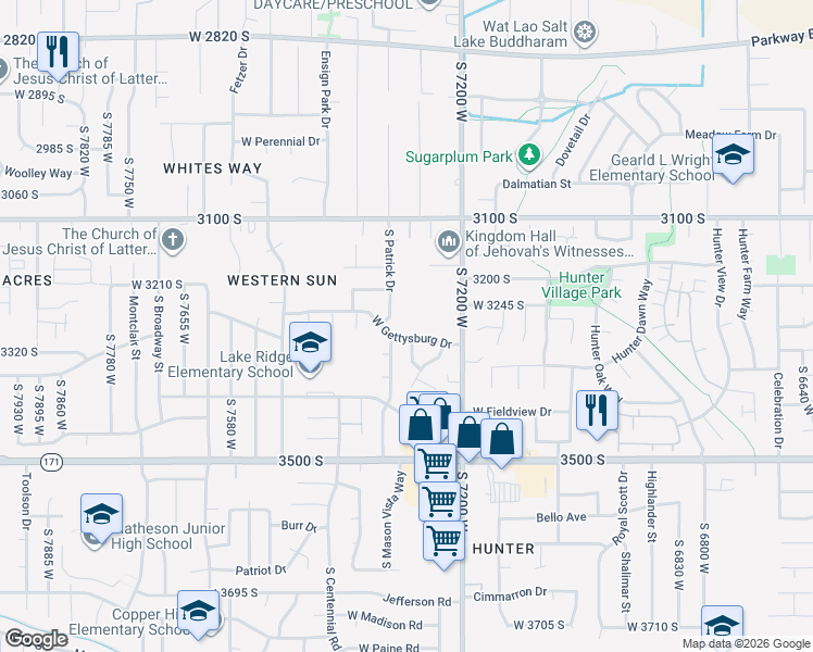 map of restaurants, bars, coffee shops, grocery stores, and more near 7286 West Gettysburg Drive in Magna