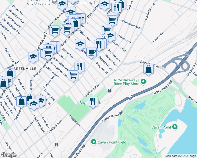 map of restaurants, bars, coffee shops, grocery stores, and more near 17 Bayside Place in Jersey City