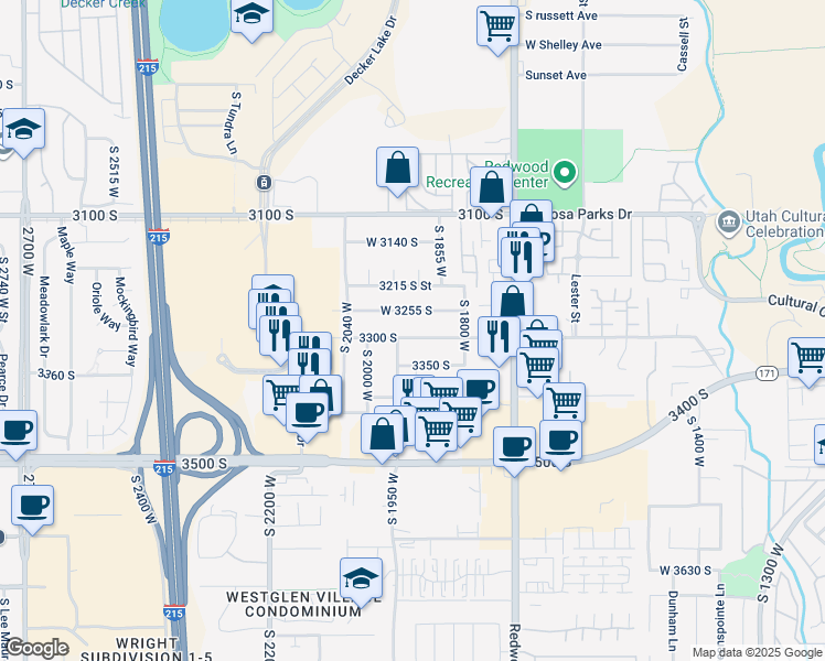 map of restaurants, bars, coffee shops, grocery stores, and more near 1912 West 3300 South in West Valley City