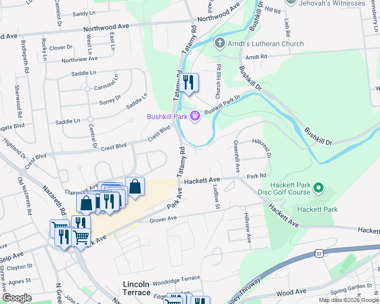 map of restaurants, bars, coffee shops, grocery stores, and more near 940 Tatamy Road in Easton