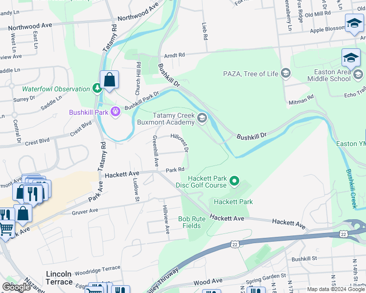 map of restaurants, bars, coffee shops, grocery stores, and more near 2001 Maywood Street in Easton