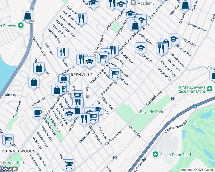 map of restaurants, bars, coffee shops, grocery stores, and more near 99 Rutgers Avenue in Jersey City