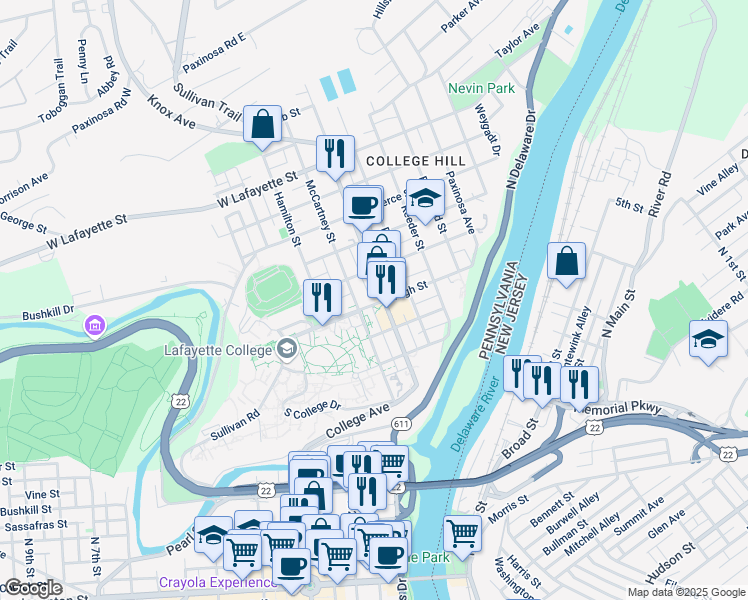 map of restaurants, bars, coffee shops, grocery stores, and more near 333 McCartney Street in Easton