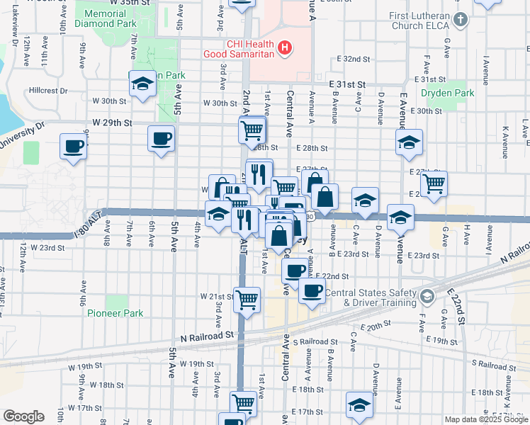 map of restaurants, bars, coffee shops, grocery stores, and more near 103 West 25th Street in Kearney