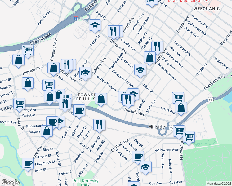 map of restaurants, bars, coffee shops, grocery stores, and more near 1438 Compton Terrace in Hillside