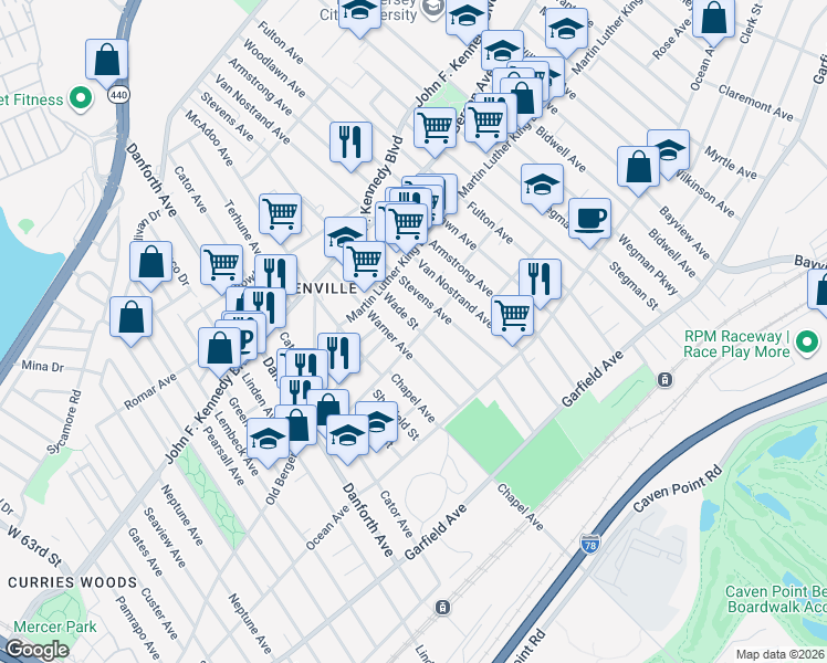 map of restaurants, bars, coffee shops, grocery stores, and more near 99 Rutgers Avenue in Jersey City