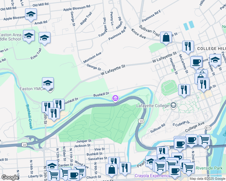 map of restaurants, bars, coffee shops, grocery stores, and more near 1071 Bushkill Drive in Easton