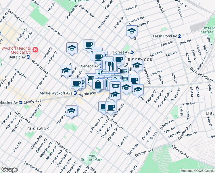map of restaurants, bars, coffee shops, grocery stores, and more near in Queens