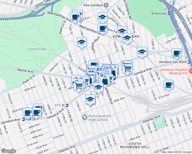 map of restaurants, bars, coffee shops, grocery stores, and more near 118-14 Hillside Avenue in Queens