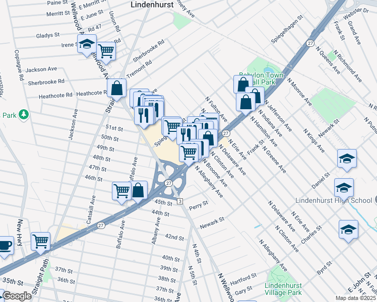 map of restaurants, bars, coffee shops, grocery stores, and more near 600 Wellwood Avenue in Lindenhurst