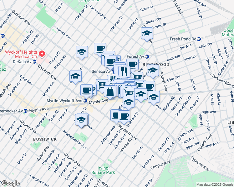 map of restaurants, bars, coffee shops, grocery stores, and more near 55-27 Myrtle Avenue in Queens