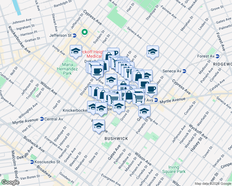 map of restaurants, bars, coffee shops, grocery stores, and more near Greene Ave & Irving Ave in Brooklyn