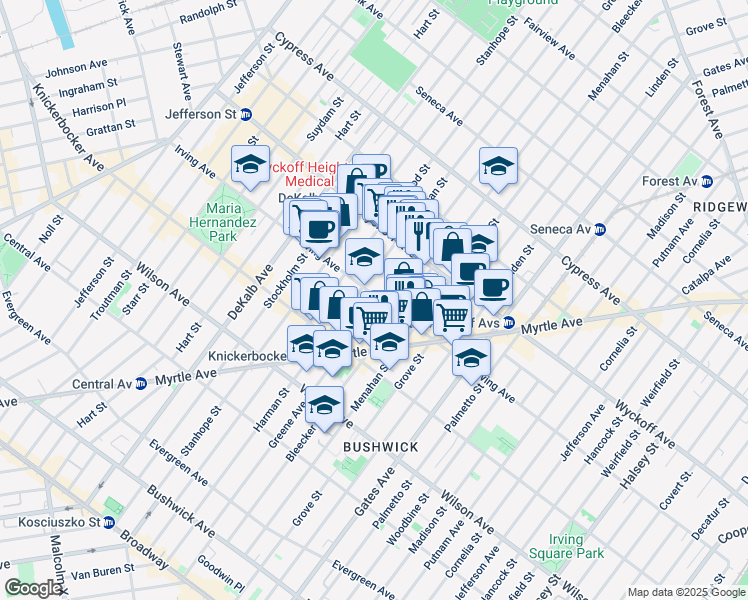 map of restaurants, bars, coffee shops, grocery stores, and more near 1375 Greene Avenue in Brooklyn