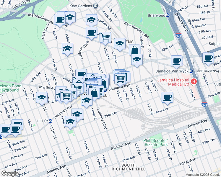 map of restaurants, bars, coffee shops, grocery stores, and more near 8725 Lefferts Boulevard in Queens