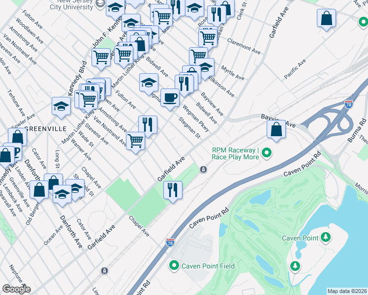 map of restaurants, bars, coffee shops, grocery stores, and more near 17 Bayside Place in Jersey City