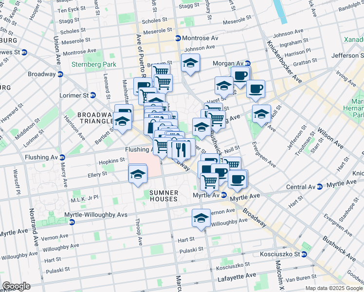 map of restaurants, bars, coffee shops, grocery stores, and more near 26 Fayette Street in Brooklyn