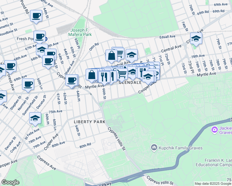 map of restaurants, bars, coffee shops, grocery stores, and more near 72-30 67th Street in Queens