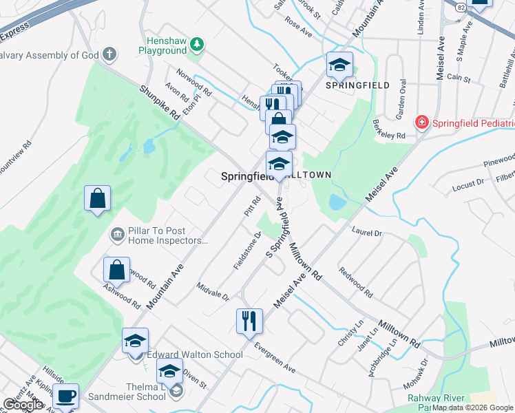 map of restaurants, bars, coffee shops, grocery stores, and more near 5 Shunpike Road in Springfield