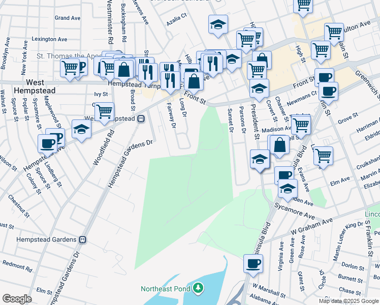 map of restaurants, bars, coffee shops, grocery stores, and more near 120 Long Drive in Hempstead