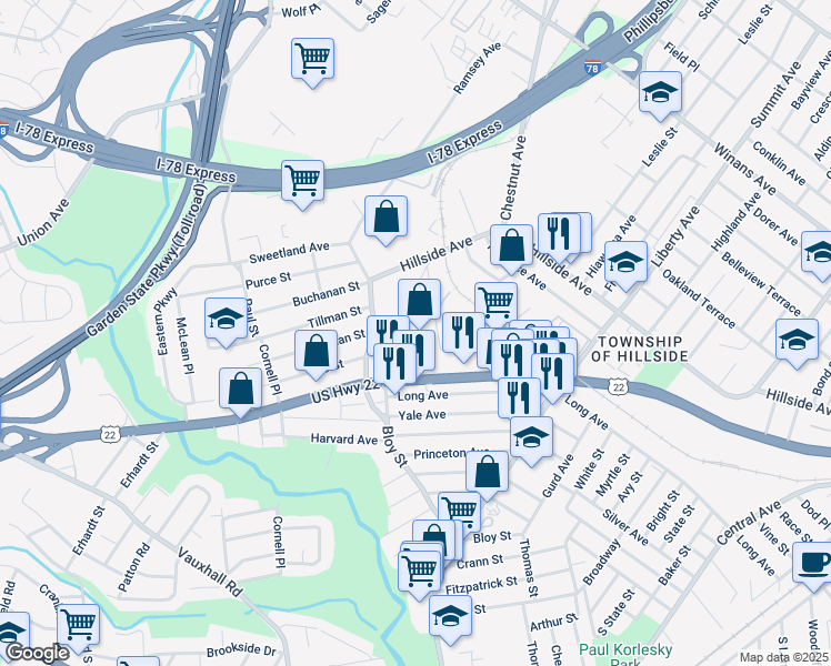 map of restaurants, bars, coffee shops, grocery stores, and more near 475 Bloy Street in Hillside