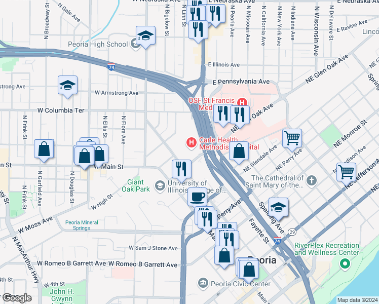 map of restaurants, bars, coffee shops, grocery stores, and more near in Peoria