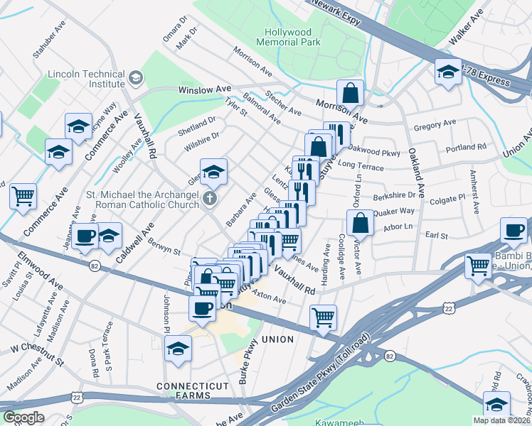 map of restaurants, bars, coffee shops, grocery stores, and more near 2026 Gless Avenue in Union
