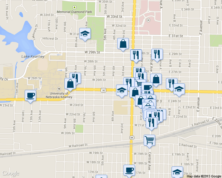 map of restaurants, bars, coffee shops, grocery stores, and more near 423 West 25th Street in Kearney