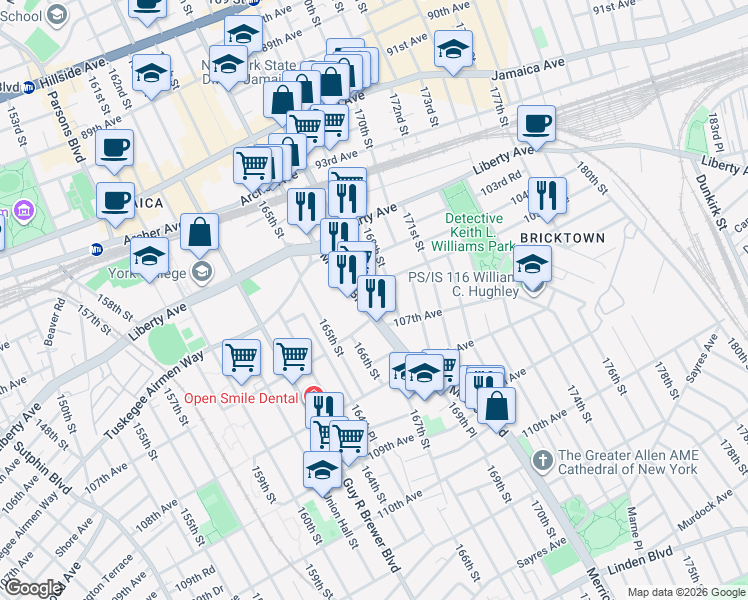 map of restaurants, bars, coffee shops, grocery stores, and more near 168-46 105th Avenue in Queens