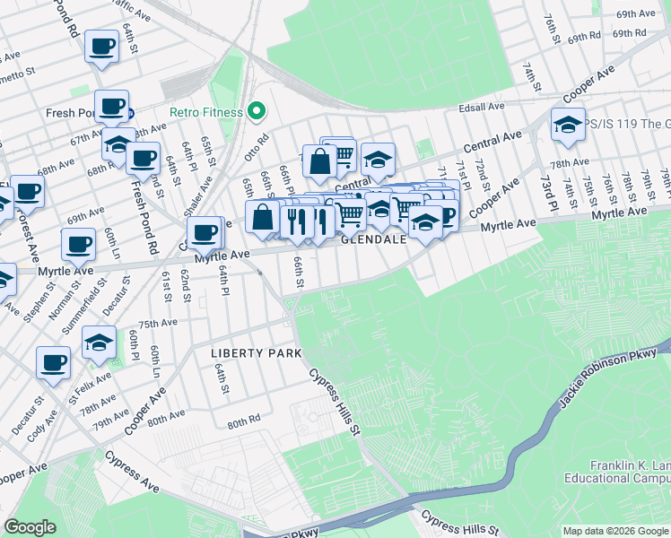 map of restaurants, bars, coffee shops, grocery stores, and more near 72-18 67th Place in Queens