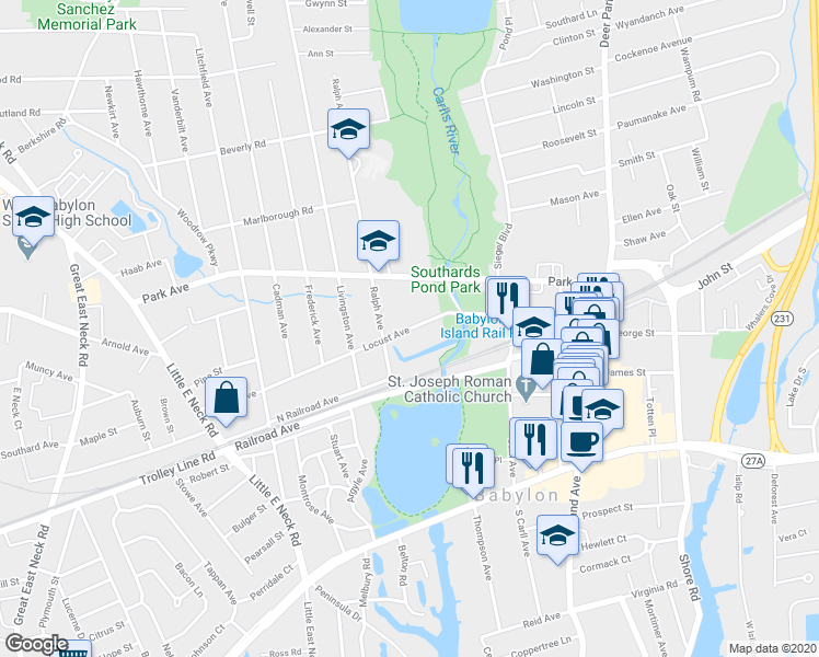 map of restaurants, bars, coffee shops, grocery stores, and more near 79 Locust Avenue in Babylon