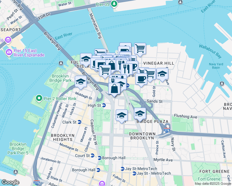 map of restaurants, bars, coffee shops, grocery stores, and more near 117 Adams Street in Brooklyn