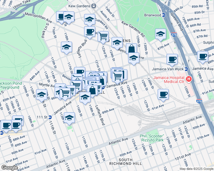 map of restaurants, bars, coffee shops, grocery stores, and more near 8725 Lefferts Boulevard in Queens