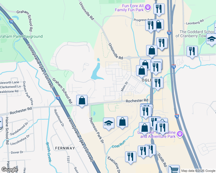 map of restaurants, bars, coffee shops, grocery stores, and more near 310 Barclay Avenue in Cranberry Township