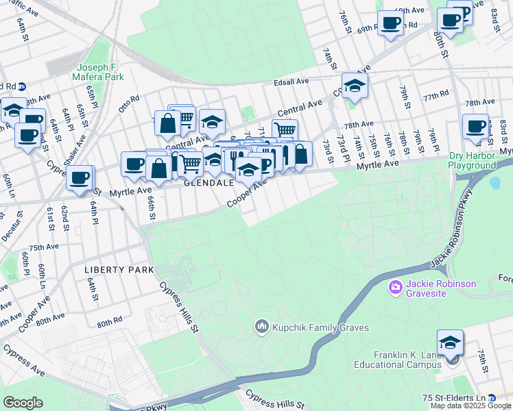 map of restaurants, bars, coffee shops, grocery stores, and more near 73-25 69th Place in Queens