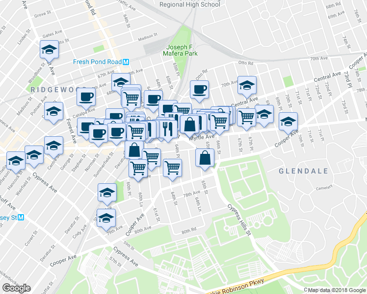 map of restaurants, bars, coffee shops, grocery stores, and more near 6439 74th Avenue in Queens