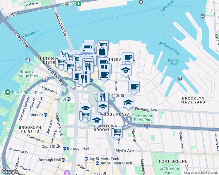 map of restaurants, bars, coffee shops, grocery stores, and more near 111 York Street in Brooklyn