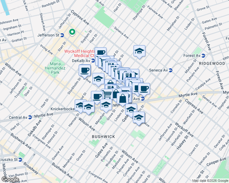 map of restaurants, bars, coffee shops, grocery stores, and more near 337 Bleecker Street in Brooklyn