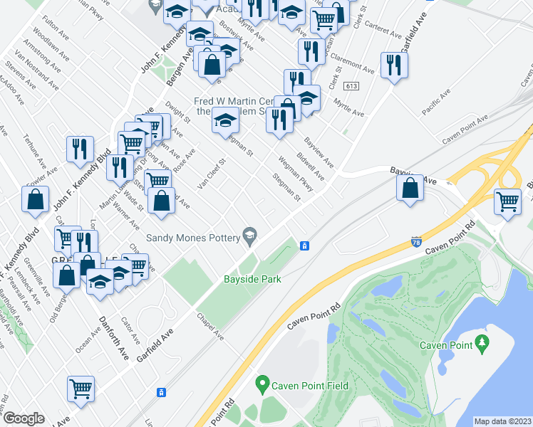 map of restaurants, bars, coffee shops, grocery stores, and more near 17 Bayside Place in Jersey City
