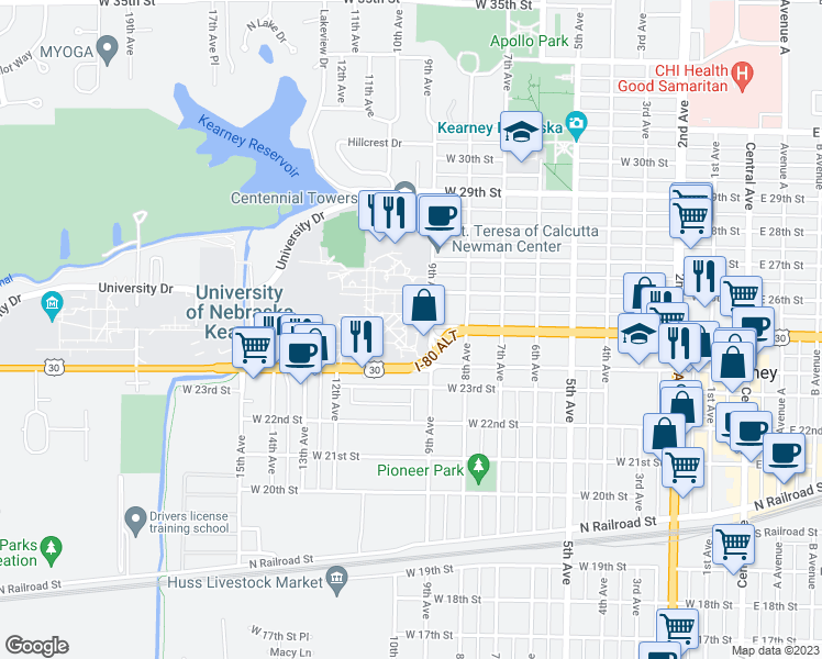 map of restaurants, bars, coffee shops, grocery stores, and more near 2504 9th Avenue in Kearney