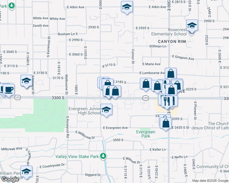 map of restaurants, bars, coffee shops, grocery stores, and more near 3211 South 2045 East in Salt Lake City