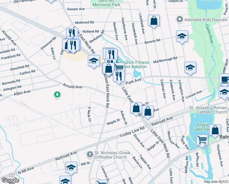map of restaurants, bars, coffee shops, grocery stores, and more near 310 Little East Neck Road in West Babylon