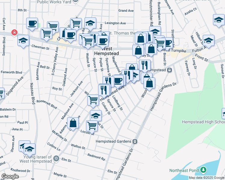 map of restaurants, bars, coffee shops, grocery stores, and more near 149 Poplar Street in West Hempstead