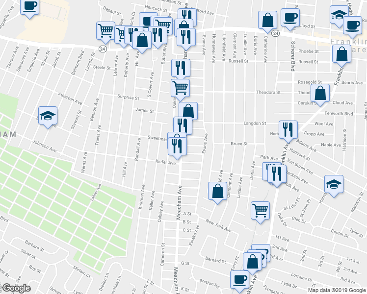 map of restaurants, bars, coffee shops, grocery stores, and more near 255 Meacham Avenue in Elmont