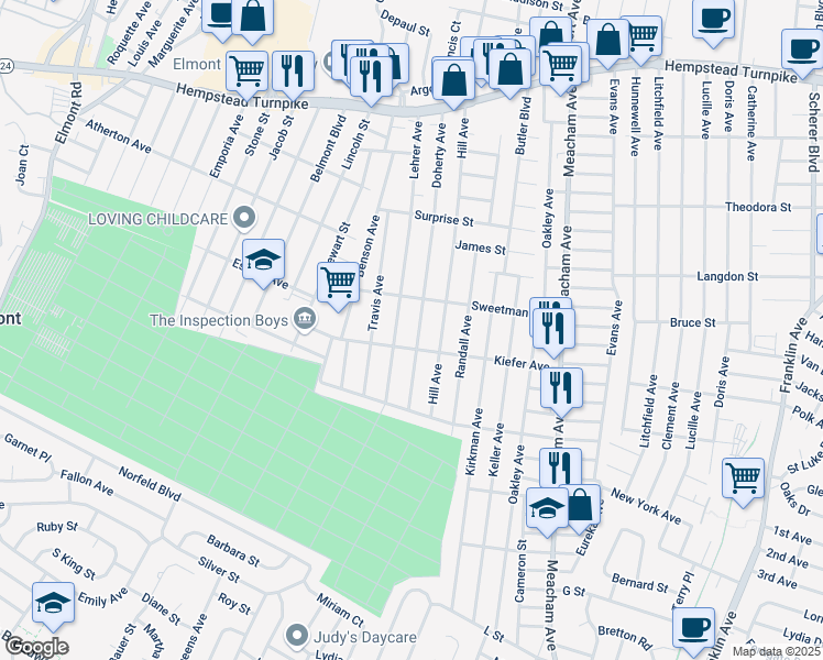 map of restaurants, bars, coffee shops, grocery stores, and more near 278 Doherty Avenue in Elmont
