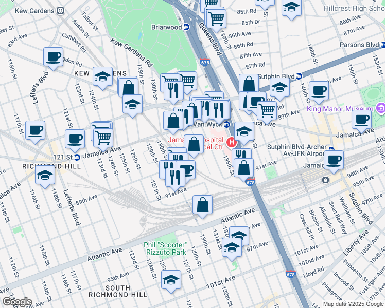 map of restaurants, bars, coffee shops, grocery stores, and more near 88-07 132nd Street in Queens
