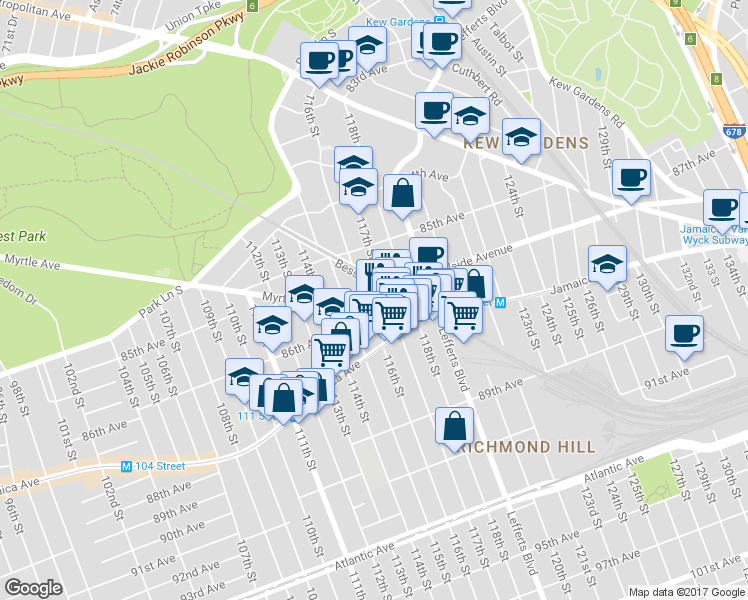 map of restaurants, bars, coffee shops, grocery stores, and more near 85-60 118th Street in Queens