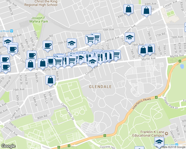 map of restaurants, bars, coffee shops, grocery stores, and more near 73-20 70th Street in Queens
