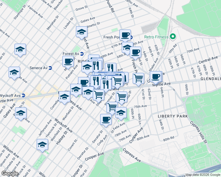 map of restaurants, bars, coffee shops, grocery stores, and more near 59-21 71st Avenue in Queens