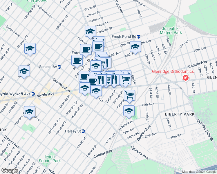 map of restaurants, bars, coffee shops, grocery stores, and more near 58-2 Myrtle Avenue in Queens